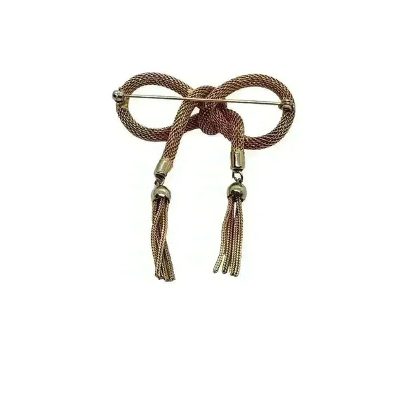 Vintage Gold Mesh Bow Brooch Tassle Waterfall 3D Pin Rolled Gold - Picture 4 of 7